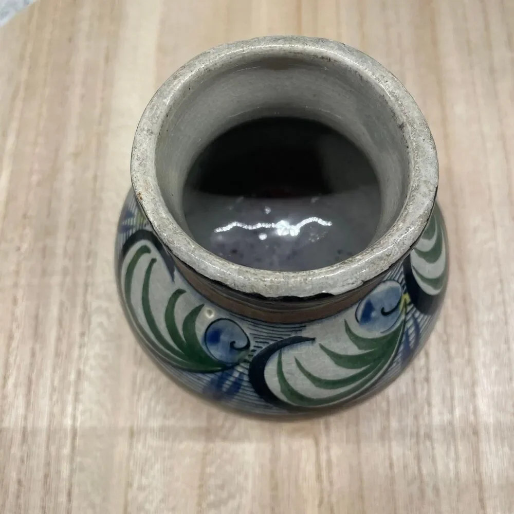 Signed Authentic Tonala Mexican Round Footed Bowl Pot Vase Hand Painted Pottery
